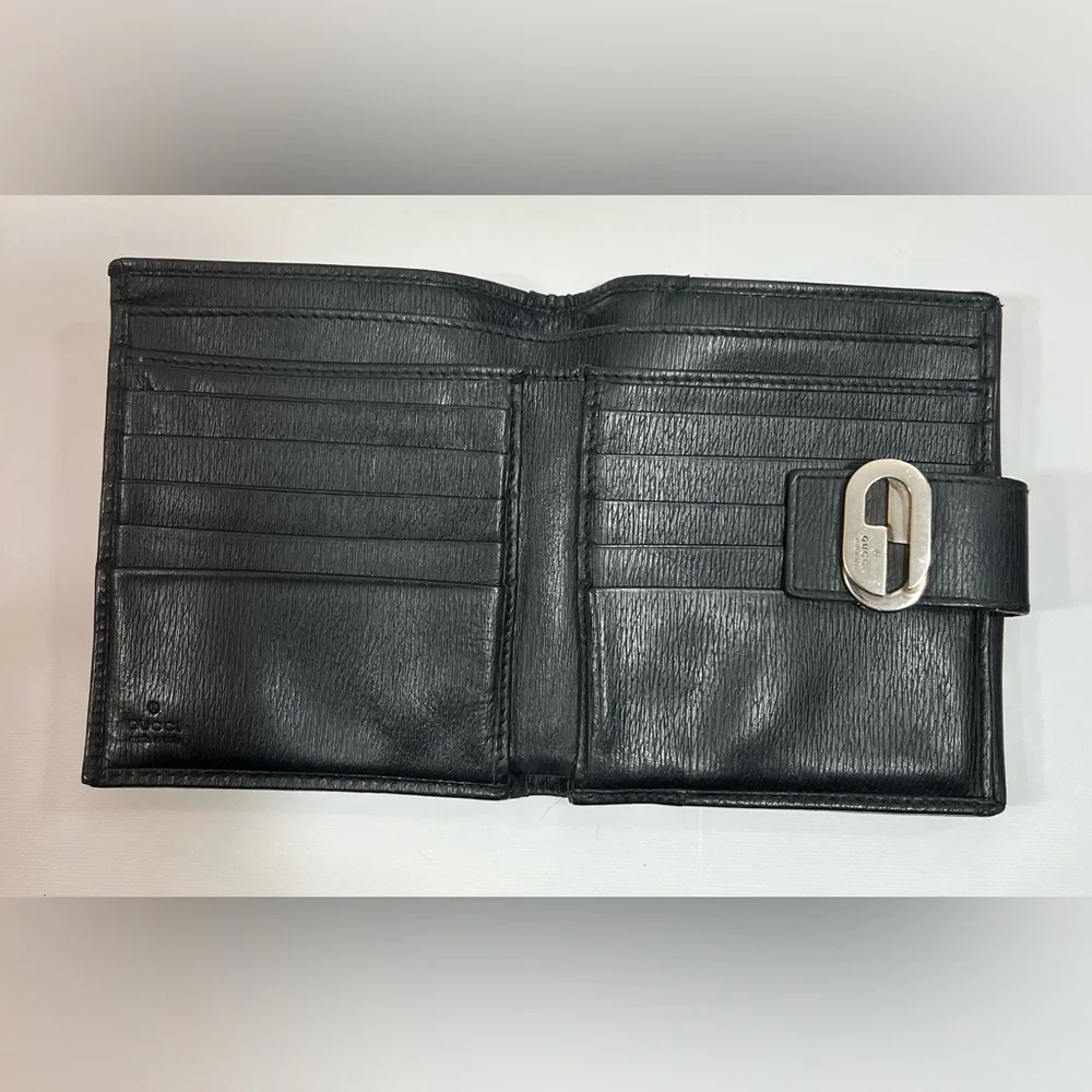 Vintage Tom Ford Gucci Black Bifold Leather Wallet Silver GG